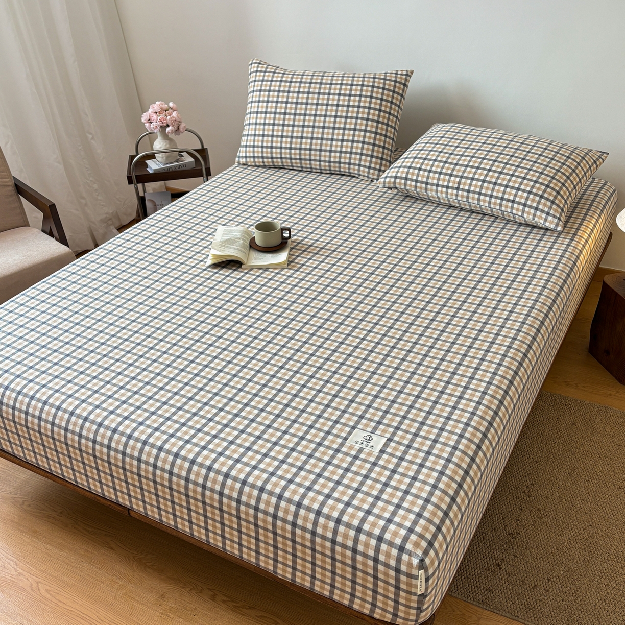 91家纺网 家纺一手货源 找家纺 居眠 2026新款单层色织水洗格子全棉床笠 单层款-印月灰