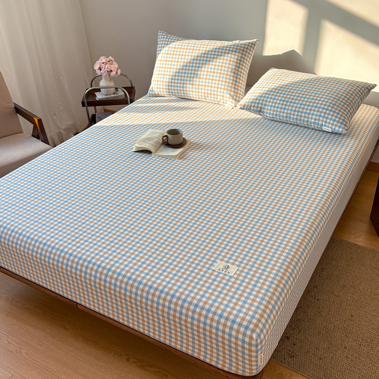 91家纺网 家纺一手货源 找家纺 居眠 2026新款单层色织水洗格子全棉床笠 单层款-印月兰