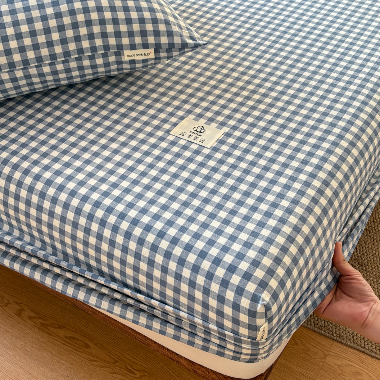 91家纺网 家纺一手货源 找家纺 居眠 2026新款单层色织水洗格子全棉床笠 单层款-水兰小格