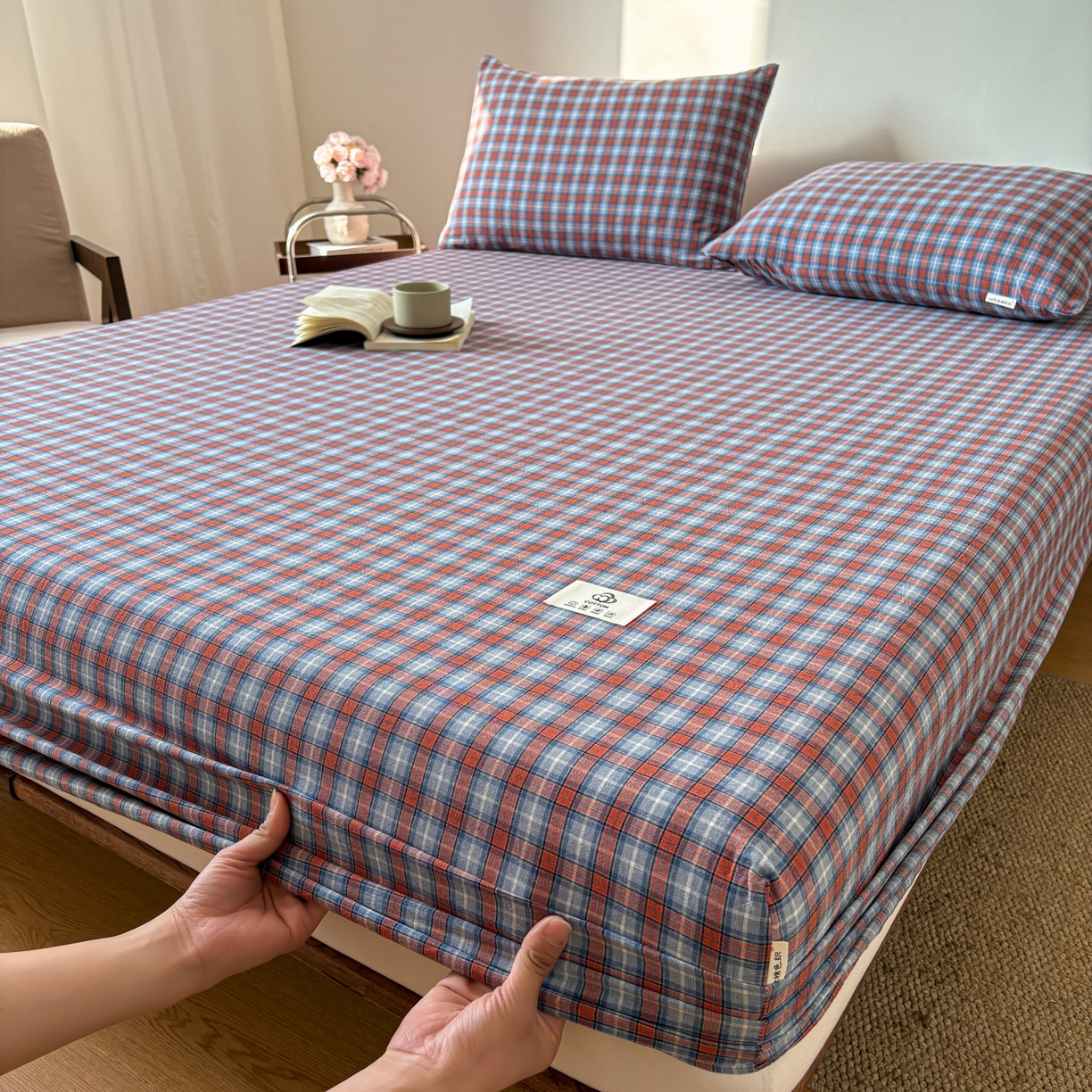 91家纺网 家纺一手货源 找家纺 居眠 2026新款单层色织水洗格子全棉床笠 单层款-瑞土兰