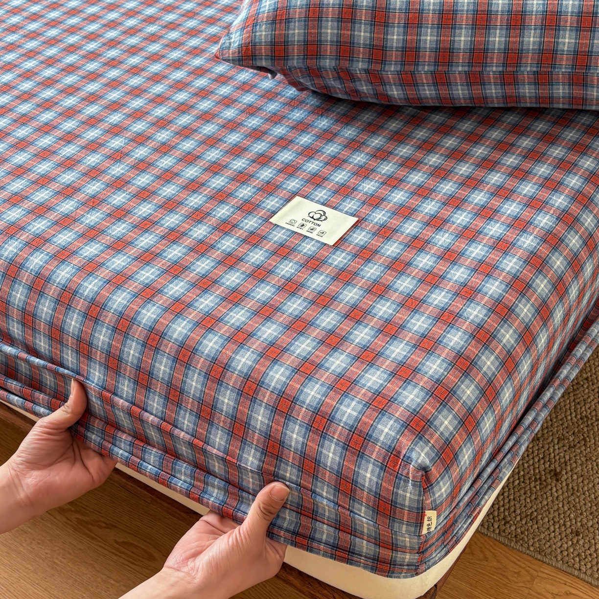 91家纺网 家纺一手货源 找家纺 居眠 2026新款单层色织水洗格子全棉床笠 单层款-瑞土兰