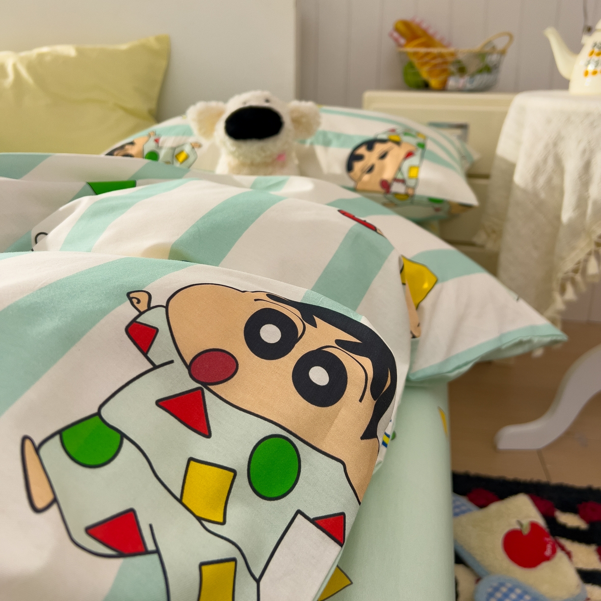 91家纺网 家纺一手货源 找家纺 桃子家居 2026新款A类蜡笔小新正版授权刺绣混搭枕套卡通印花系列四件套 棉蜡笔小新-贪睡小新