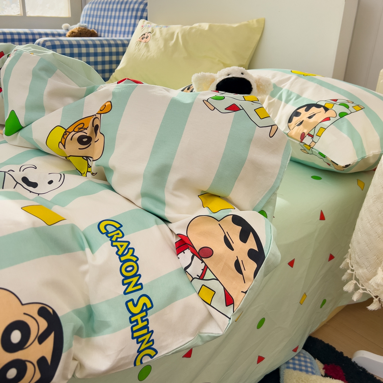91家纺网 家纺一手货源 找家纺 桃子家居 2026新款A类蜡笔小新正版授权刺绣混搭枕套卡通印花系列四件套 棉蜡笔小新-贪睡小新