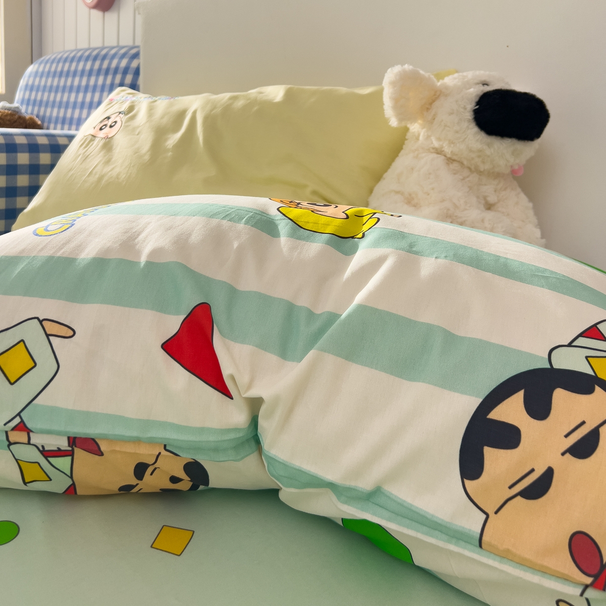 91家纺网 家纺一手货源 找家纺 桃子家居 2026新款A类蜡笔小新正版授权刺绣混搭枕套卡通印花系列四件套 棉蜡笔小新-贪睡小新