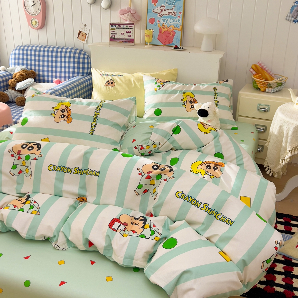 91家纺网 家纺一手货源 找家纺 桃子家居 2026新款A类蜡笔小新正版授权刺绣混搭枕套卡通印花系列四件套 棉蜡笔小新-贪睡小新