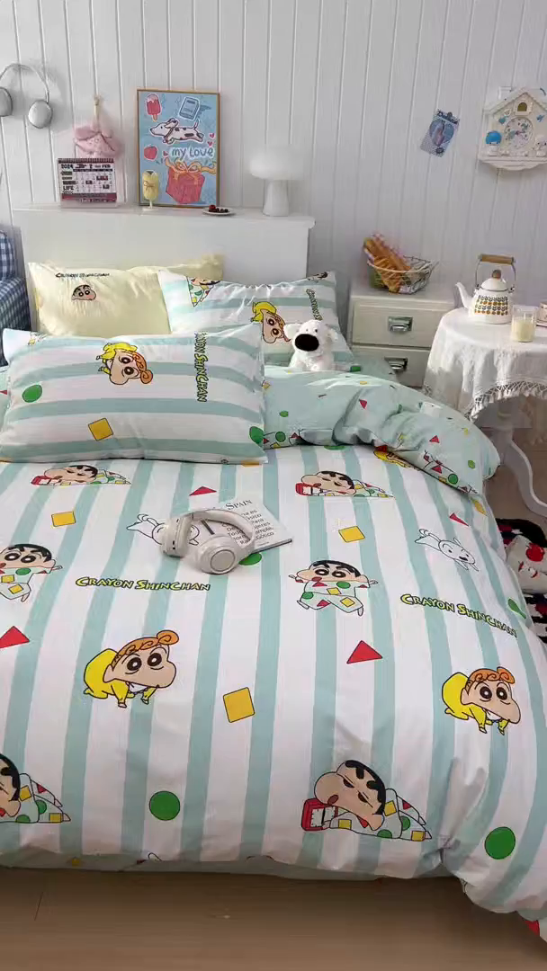 91家纺网 家纺一手货源 找家纺 桃子家居 2026新款A类蜡笔小新正版授权刺绣混搭枕套卡通印花系列四件套 棉蜡笔小新-贪睡小新