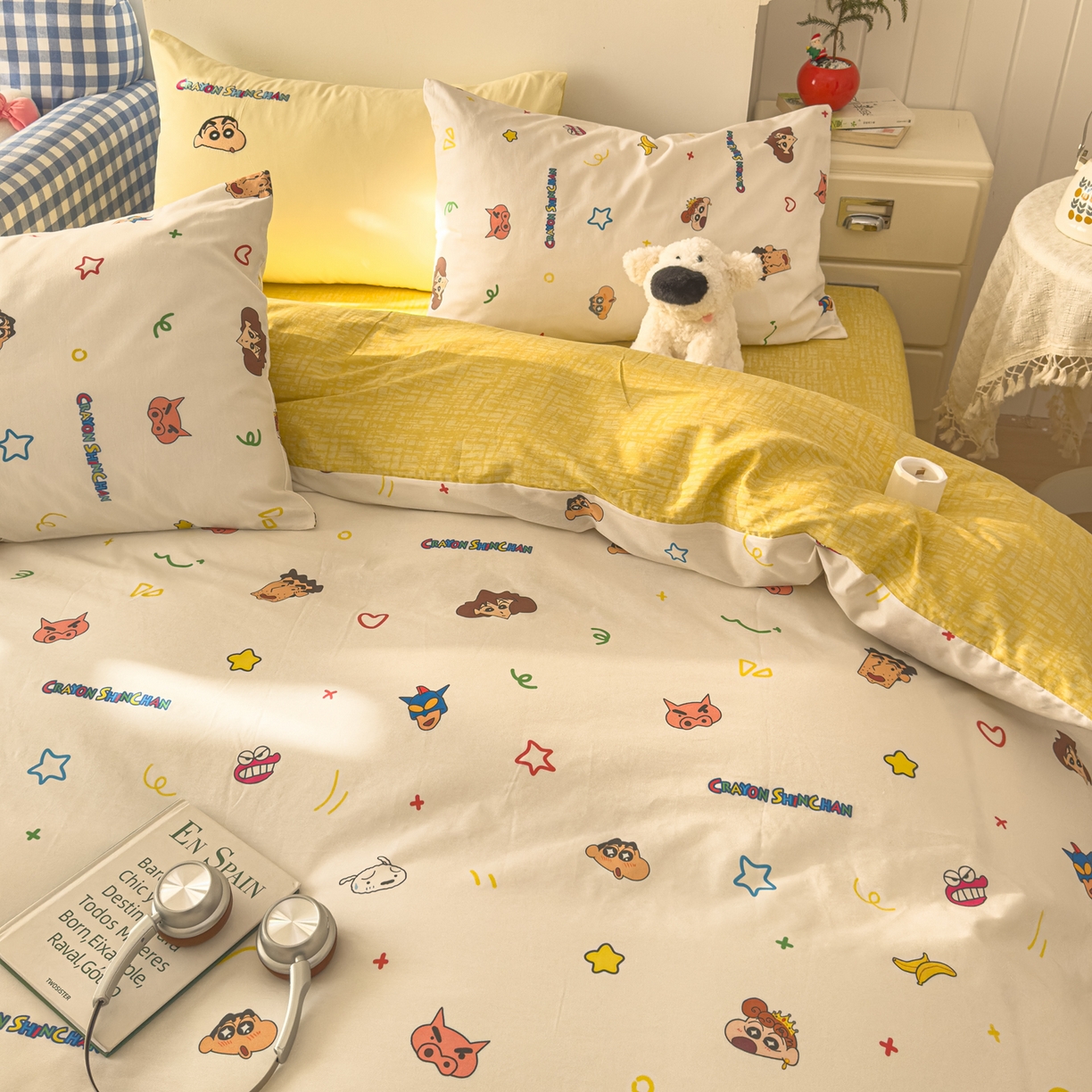 91家纺网 家纺一手货源 找家纺 桃子家居 2026新款A类蜡笔小新正版授权刺绣混搭枕套卡通印花系列四件套 棉蜡笔小新-幸福小新