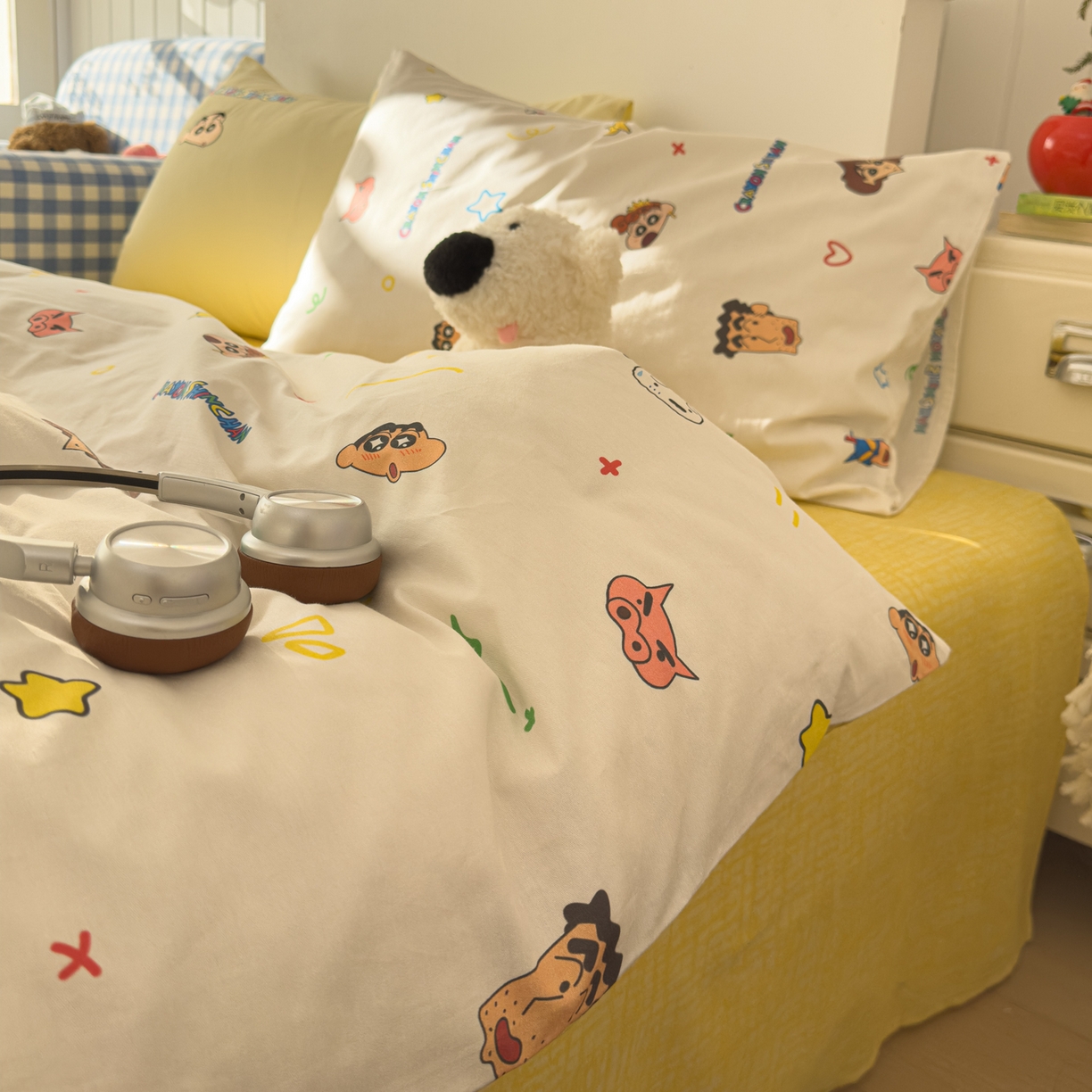 91家纺网 家纺一手货源 找家纺 桃子家居 2026新款A类蜡笔小新正版授权刺绣混搭枕套卡通印花系列四件套 棉蜡笔小新-幸福小新