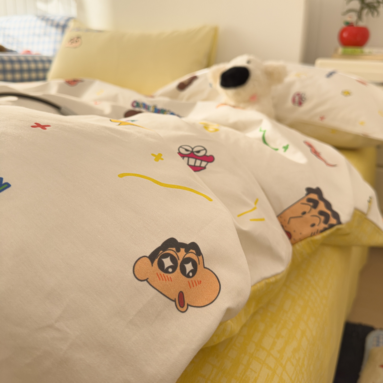 91家纺网 家纺一手货源 找家纺 桃子家居 2026新款A类蜡笔小新正版授权刺绣混搭枕套卡通印花系列四件套 棉蜡笔小新-幸福小新