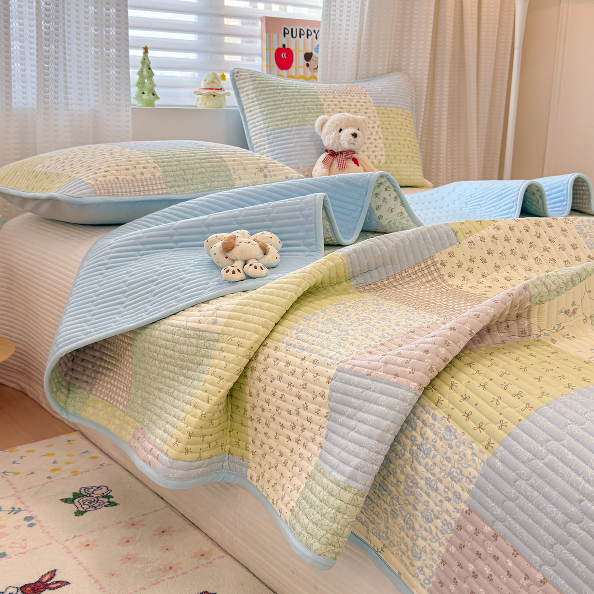 91家纺网 家纺一手货源 找家纺 雅萱家纺 2026新款森系全棉夹棉印花床盖 色块絮语