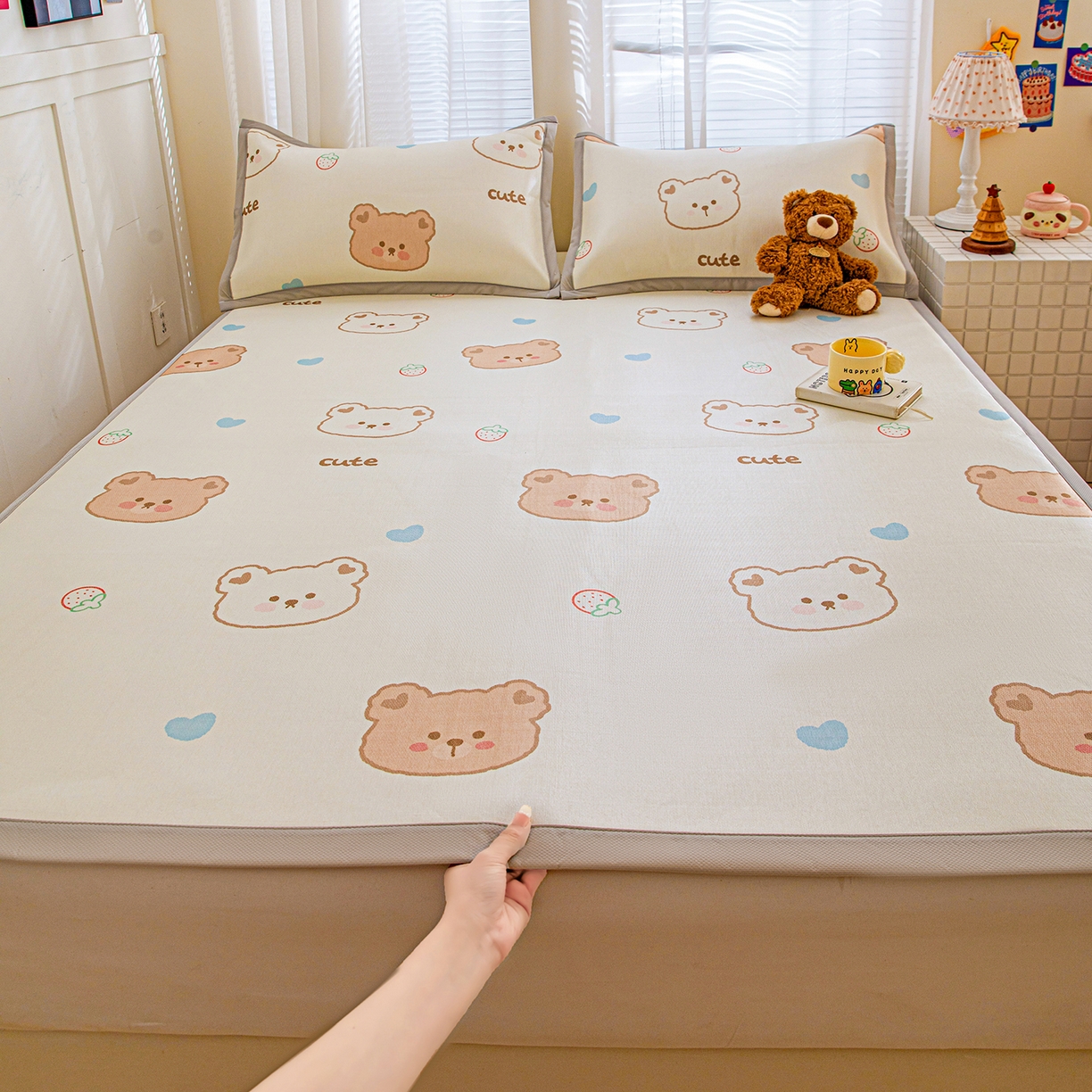 富馨莱 2026新款冰丝凉席平铺款支持一件定制定做 饼干熊