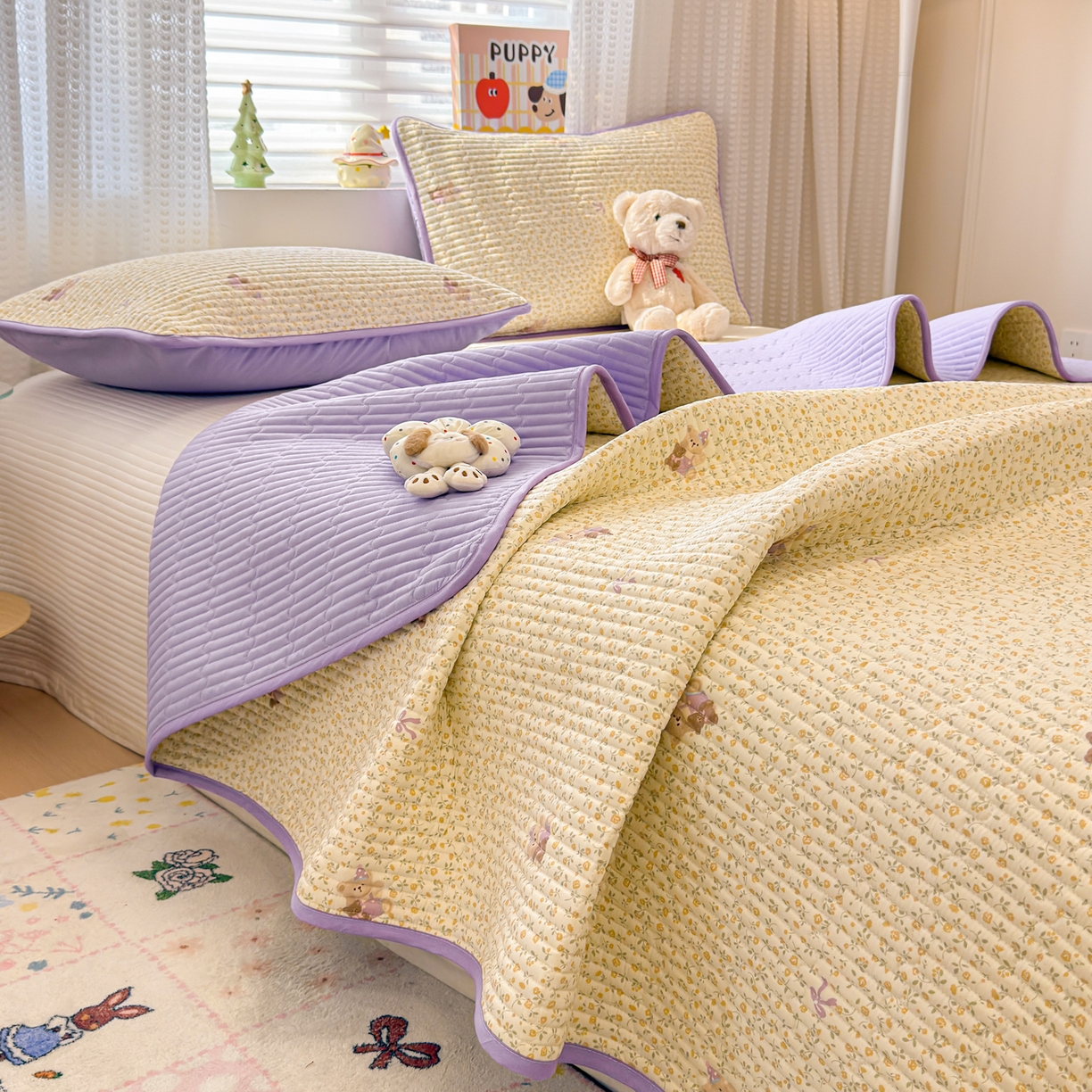 91家纺网 家纺一手货源 找家纺 雅萱家纺 2026新款森系全棉夹棉印花床盖 夏日小黄花