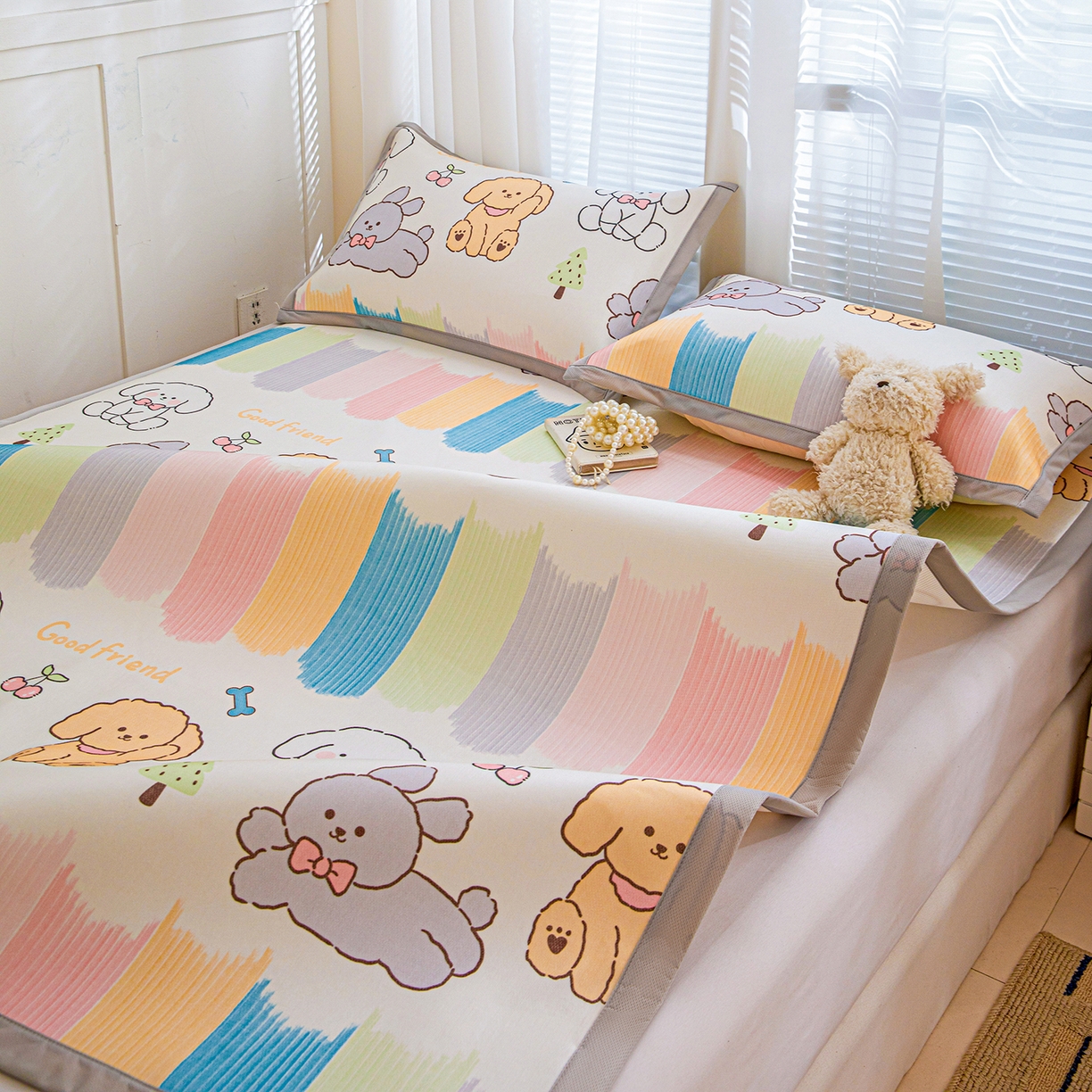 91家纺网 家纺一手货源 找家纺 富馨莱 2026新款冰丝凉席平铺款支持一件定制定做 彩虹乐园