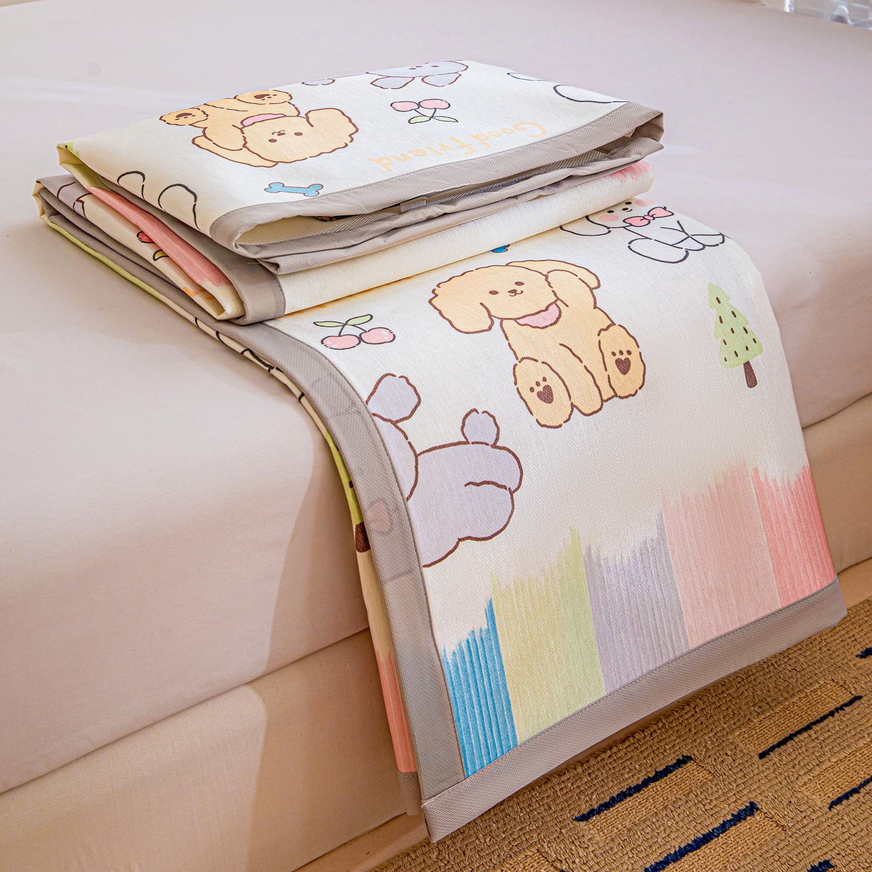 91家纺网 家纺一手货源 找家纺 富馨莱 2026新款冰丝凉席平铺款支持一件定制定做 彩虹乐园