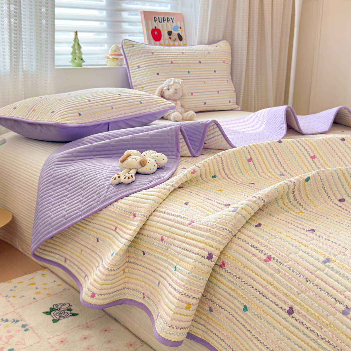 91家纺网 家纺一手货源 找家纺 雅萱家纺 2026新款森系全棉夹棉印花床盖 心意满满