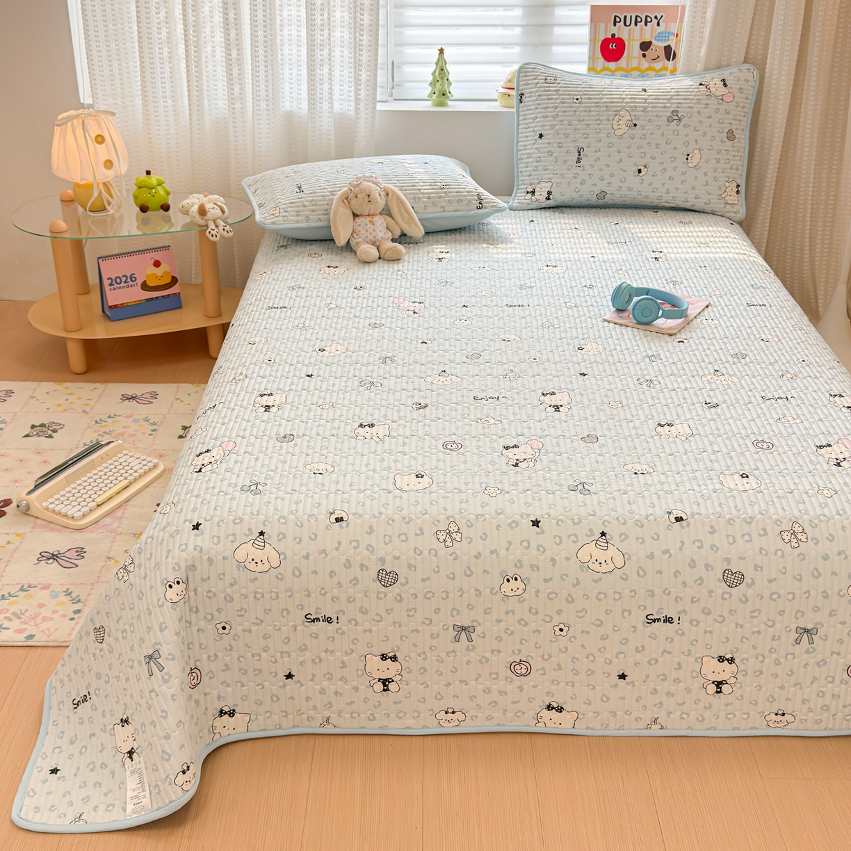 91家纺网 家纺一手货源 找家纺 雅萱家纺 2026新款森系全棉夹棉印花床盖 豹纹小狗