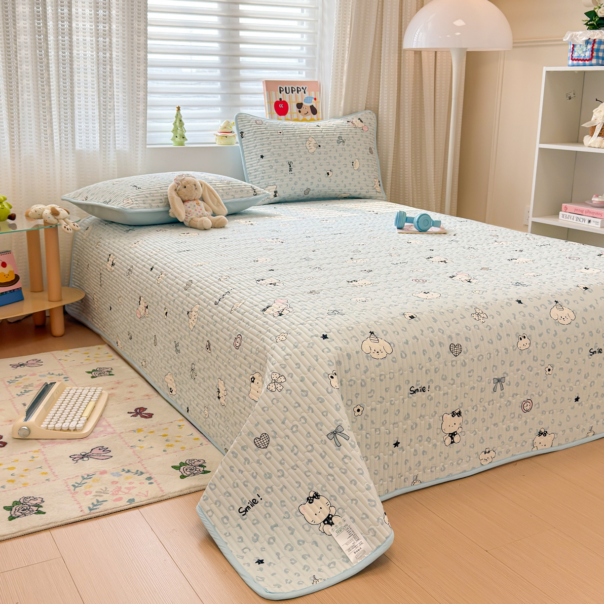 91家纺网 家纺一手货源 找家纺 雅萱家纺 2026新款森系全棉夹棉印花床盖 豹纹小狗