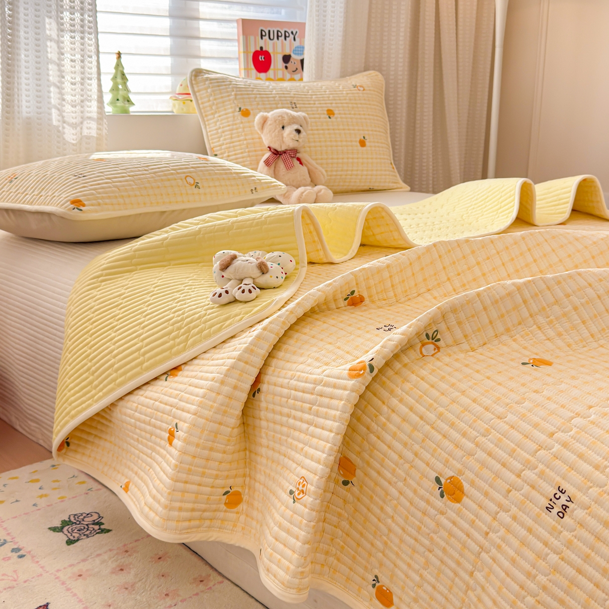 雅萱家纺 2026新款森系全棉夹棉印花床盖 橙意满满