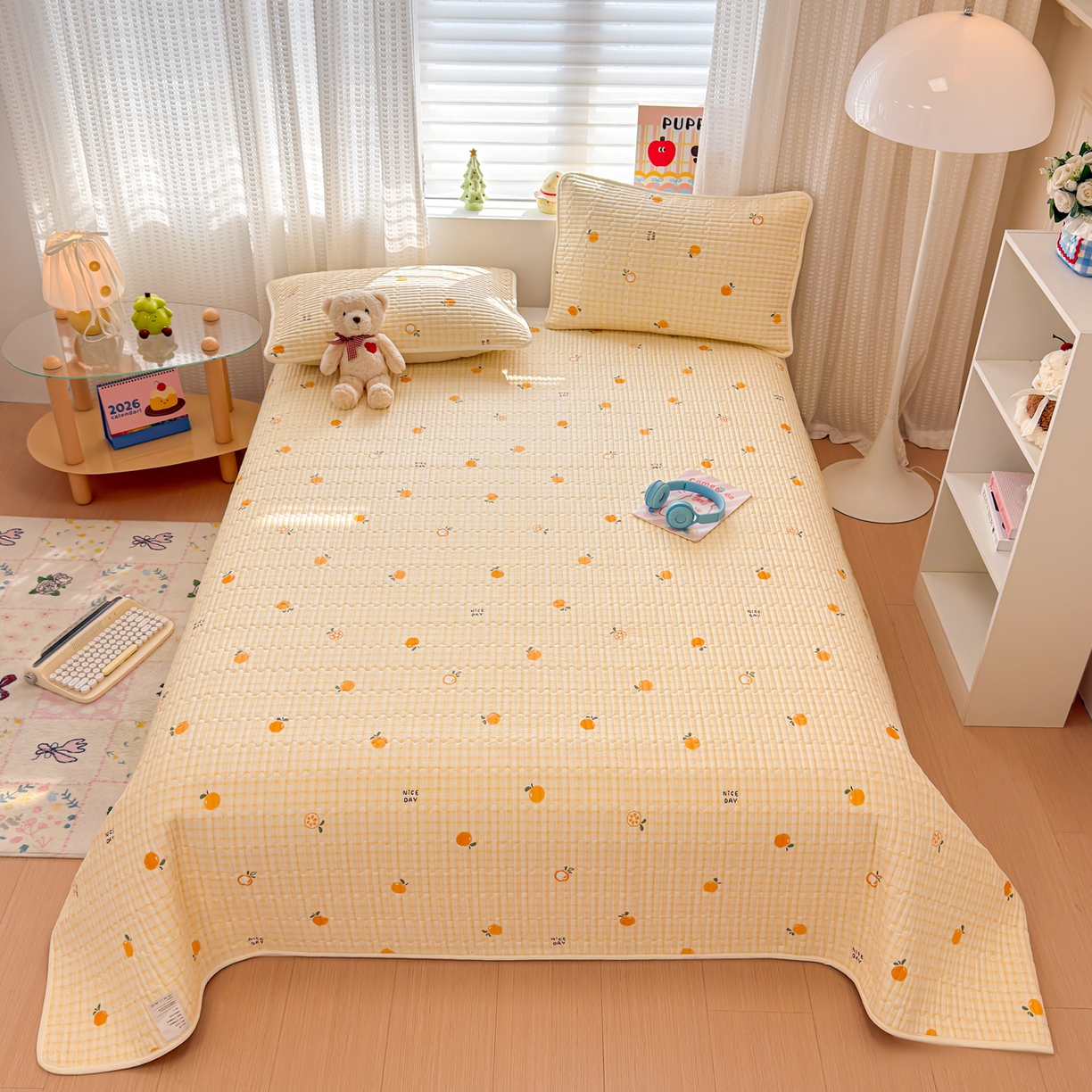 91家纺网 家纺一手货源 找家纺 雅萱家纺 2026新款森系全棉夹棉印花床盖 橙意满满