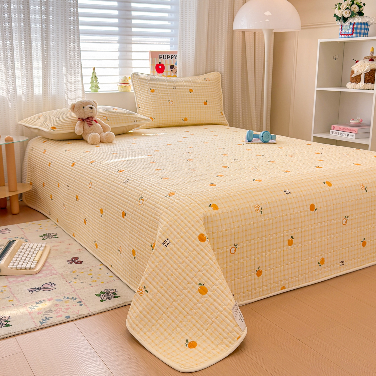 91家纺网 家纺一手货源 找家纺 雅萱家纺 2026新款森系全棉夹棉印花床盖 橙意满满