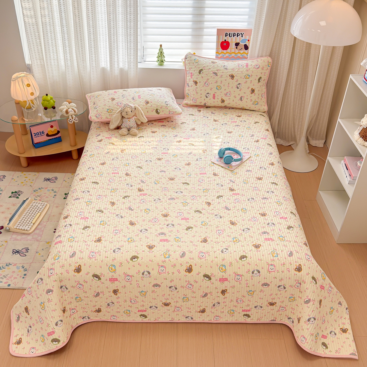 91家纺网 家纺一手货源 找家纺 雅萱家纺 2026新款森系全棉夹棉印花床盖 动物园