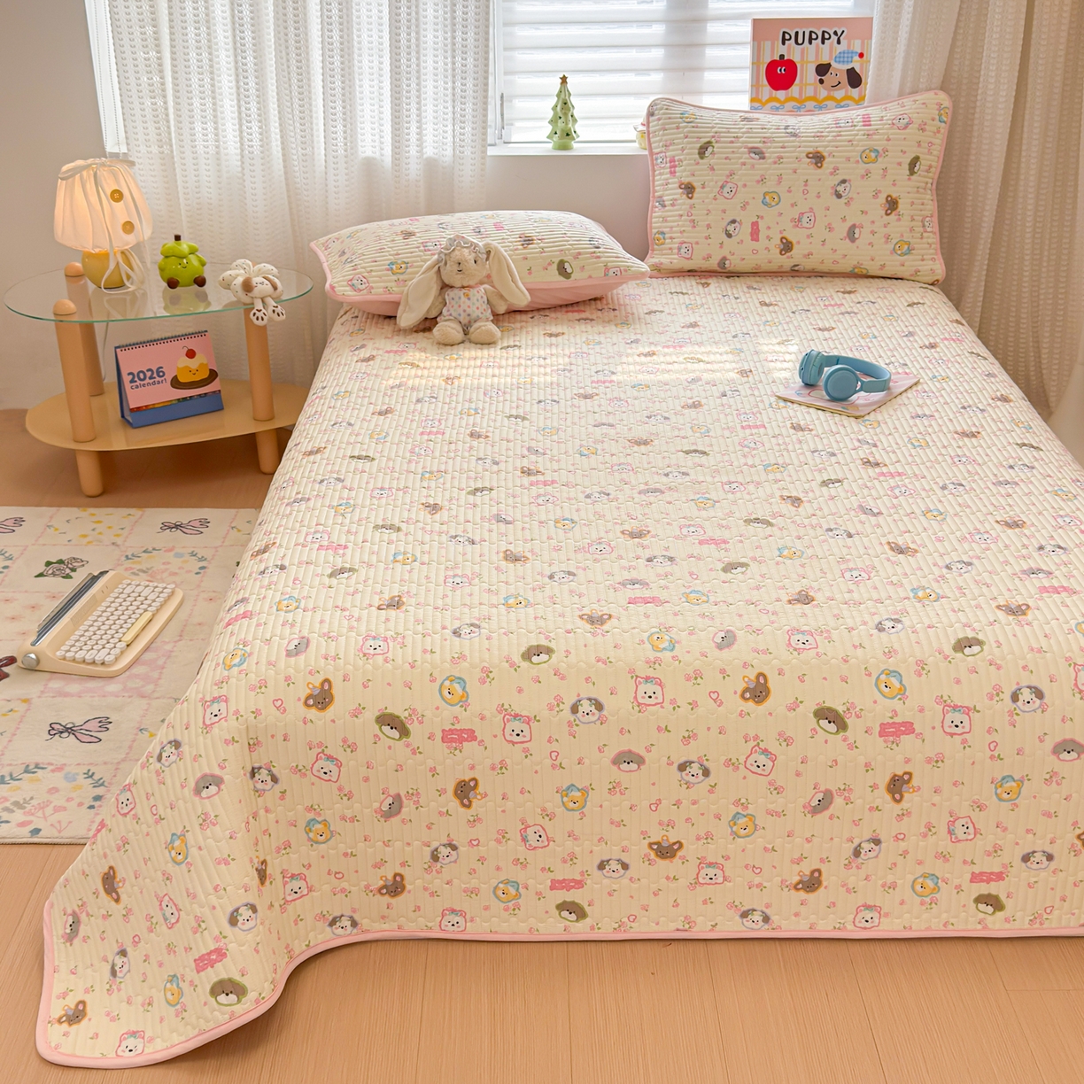 91家纺网 家纺一手货源 找家纺 雅萱家纺 2026新款森系全棉夹棉印花床盖 动物园