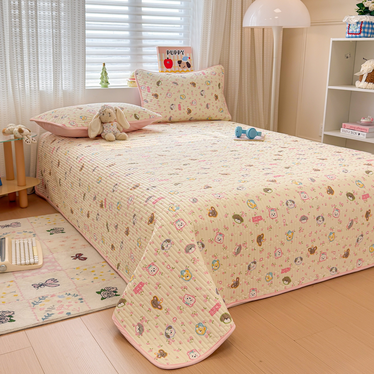 91家纺网 家纺一手货源 找家纺 雅萱家纺 2026新款森系全棉夹棉印花床盖 动物园