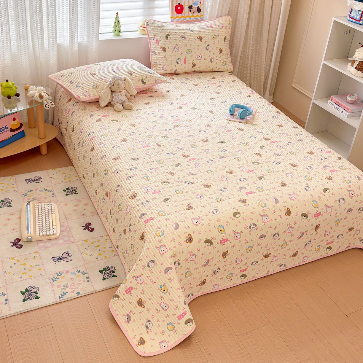 91家纺网 家纺一手货源 找家纺 雅萱家纺 2026新款森系全棉夹棉印花床盖 动物园