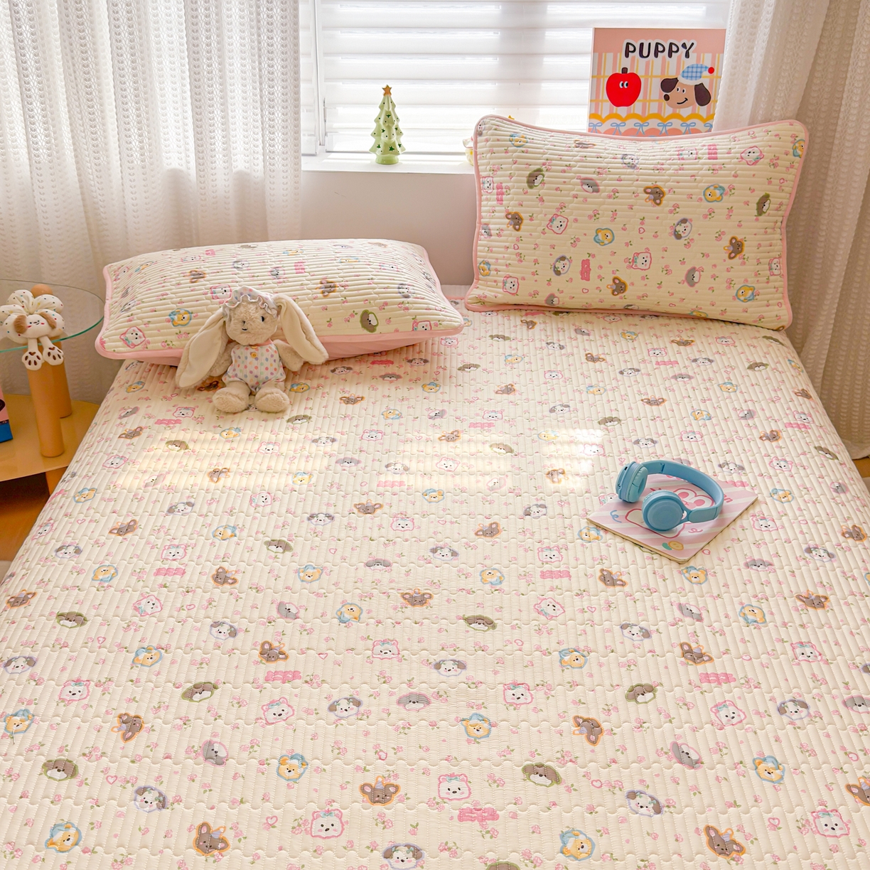 91家纺网 家纺一手货源 找家纺 雅萱家纺 2026新款森系全棉夹棉印花床盖 动物园