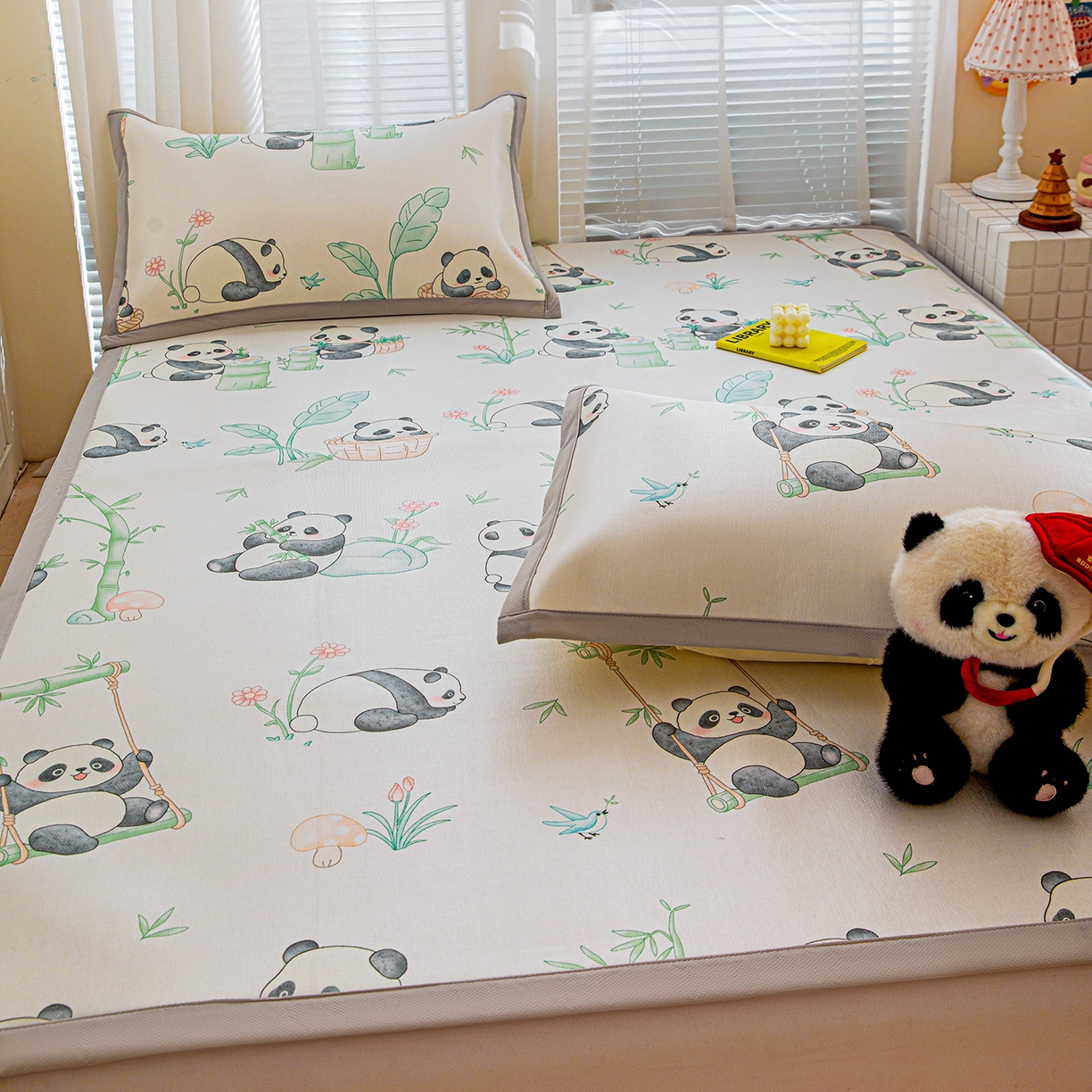 91家纺网 家纺一手货源 找家纺 富馨莱 2026新款冰丝凉席平铺款支持一件定制定做 快乐熊猫