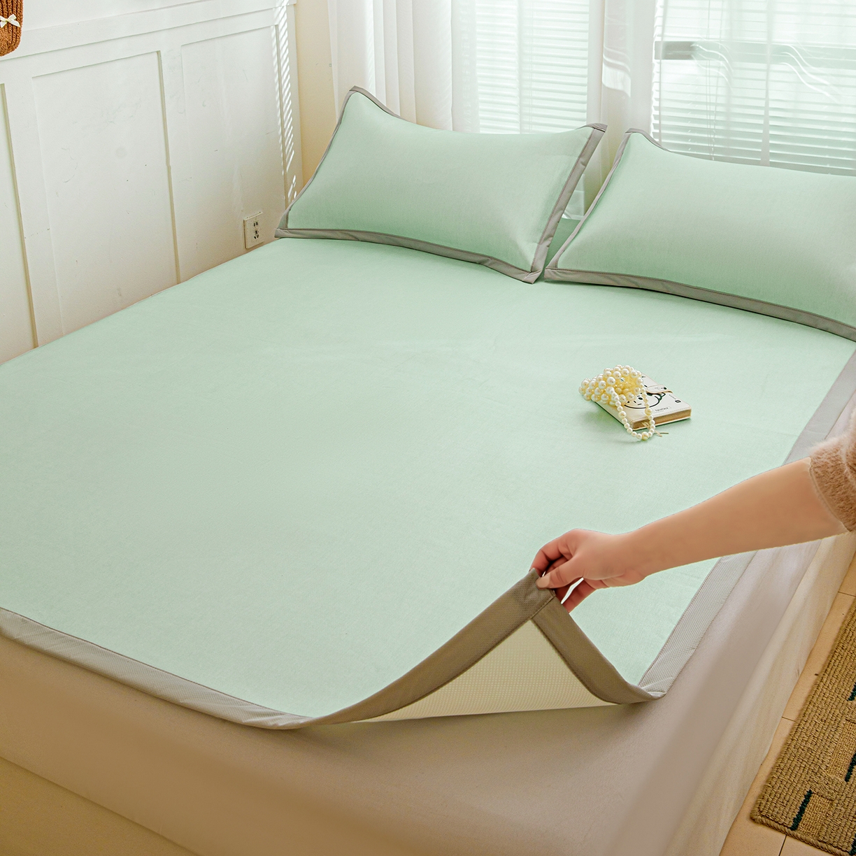 91家纺网 家纺一手货源 找家纺 富馨莱 2026新款冰丝凉席平铺款支持一件定制定做 清新绿