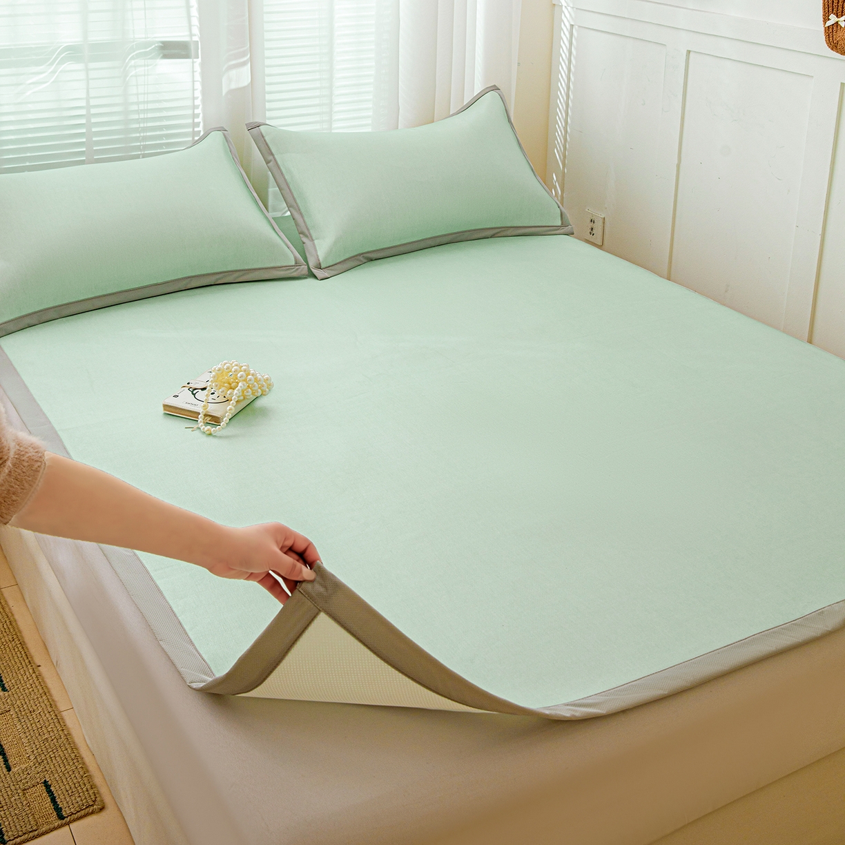 91家纺网 家纺一手货源 找家纺 富馨莱 2026新款冰丝凉席平铺款支持一件定制定做 清新绿