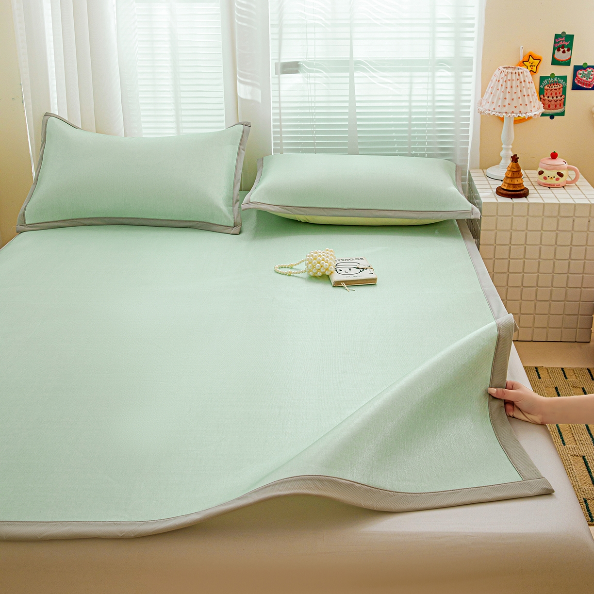 91家纺网 家纺一手货源 找家纺 富馨莱 2026新款冰丝凉席平铺款支持一件定制定做 清新绿