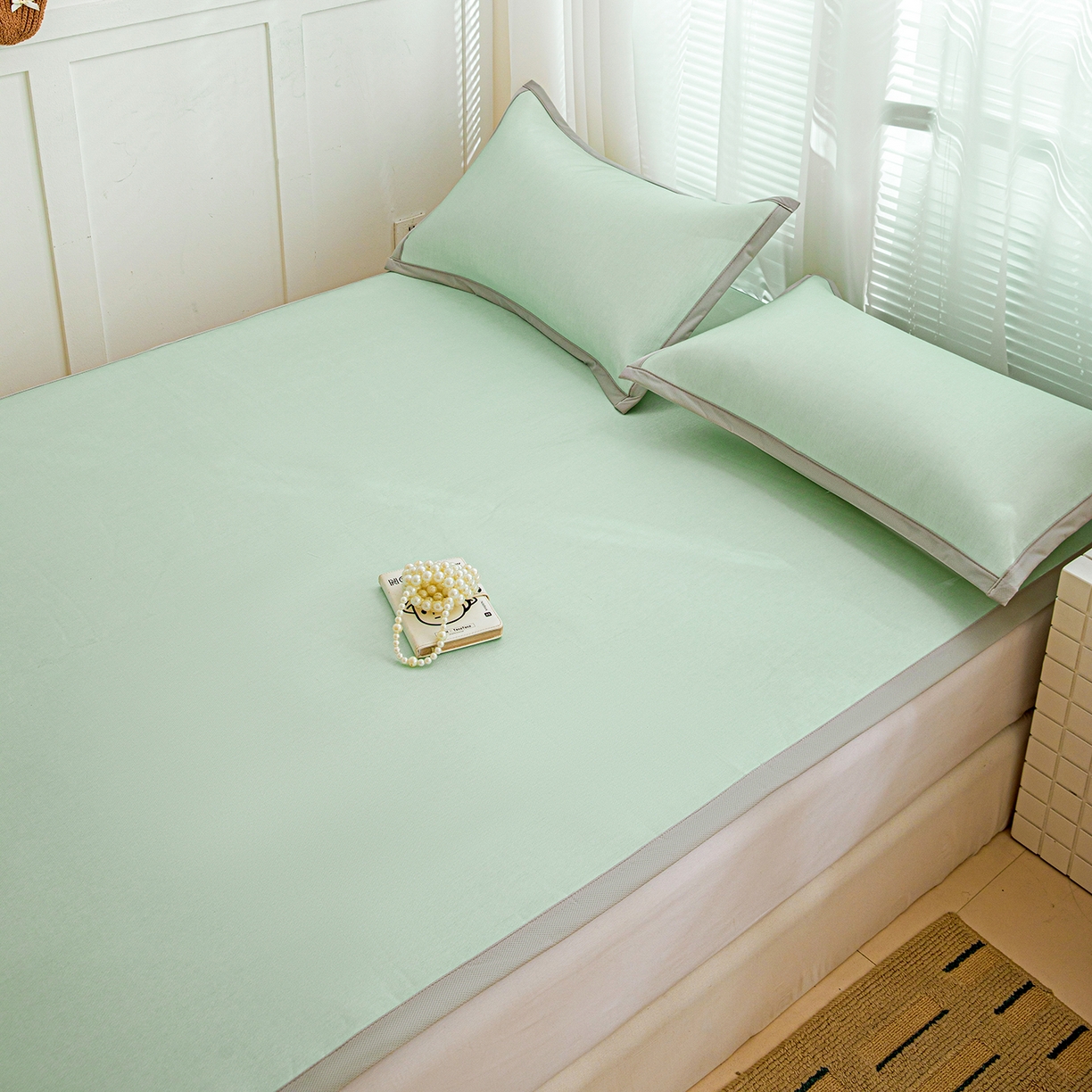 91家纺网 家纺一手货源 找家纺 富馨莱 2026新款冰丝凉席平铺款支持一件定制定做 清新绿