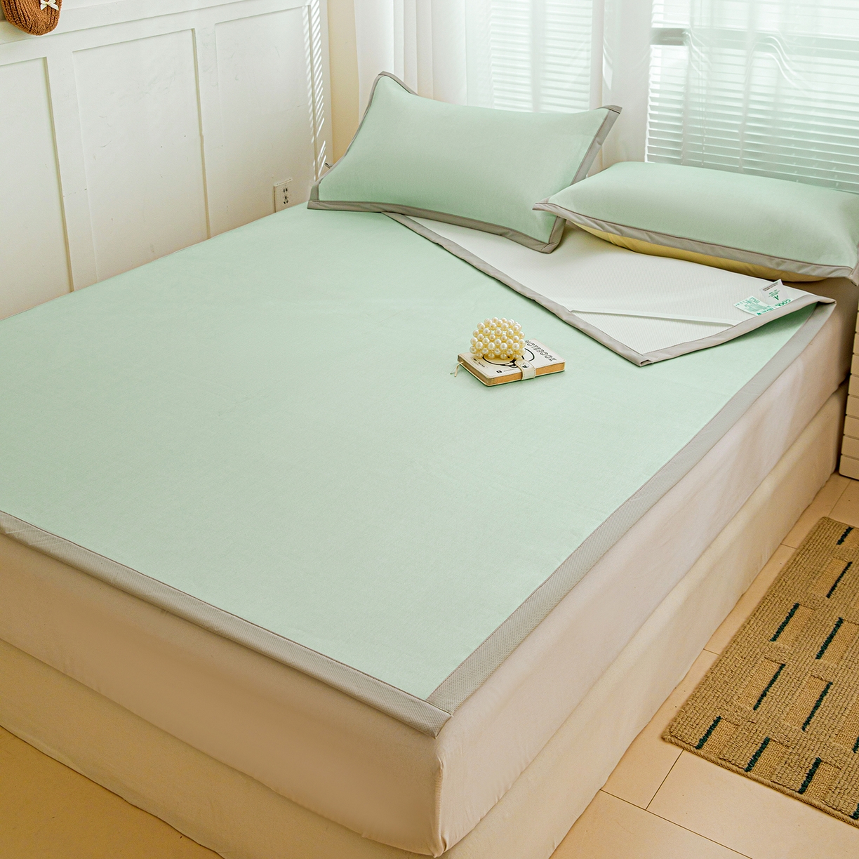 91家纺网 家纺一手货源 找家纺 富馨莱 2026新款冰丝凉席平铺款支持一件定制定做 清新绿