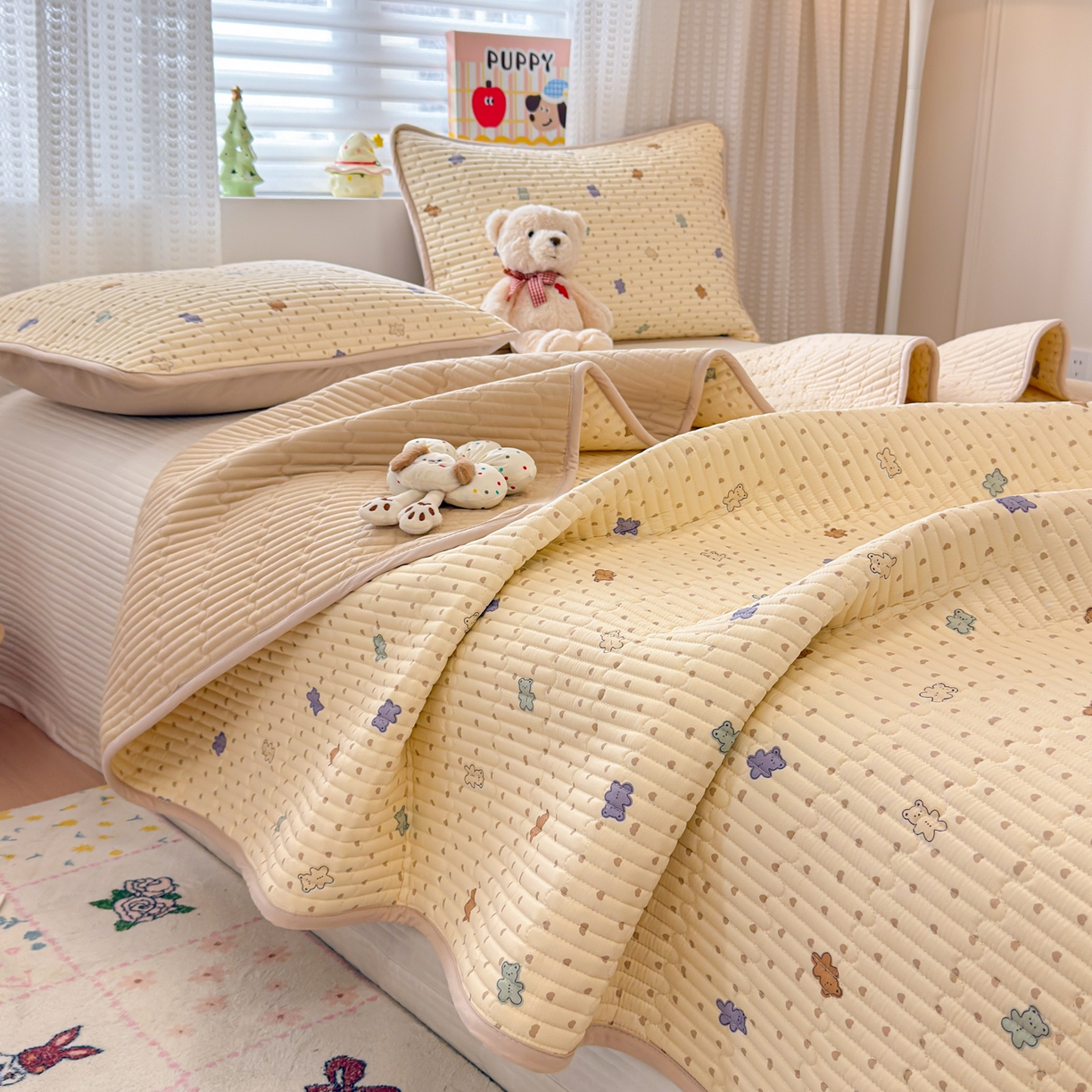 雅萱家纺 2026新款森系全棉夹棉印花床盖 咖啡小熊