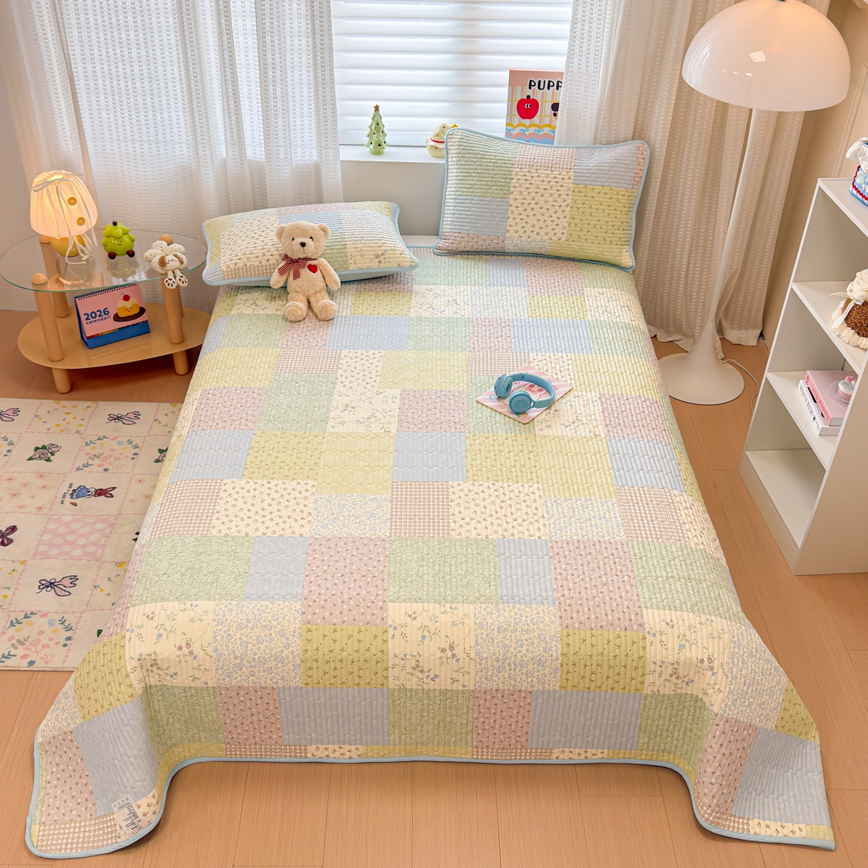 91家纺网 家纺一手货源 找家纺 雅萱家纺 2026新款森系全棉夹棉印花床盖 色块絮语