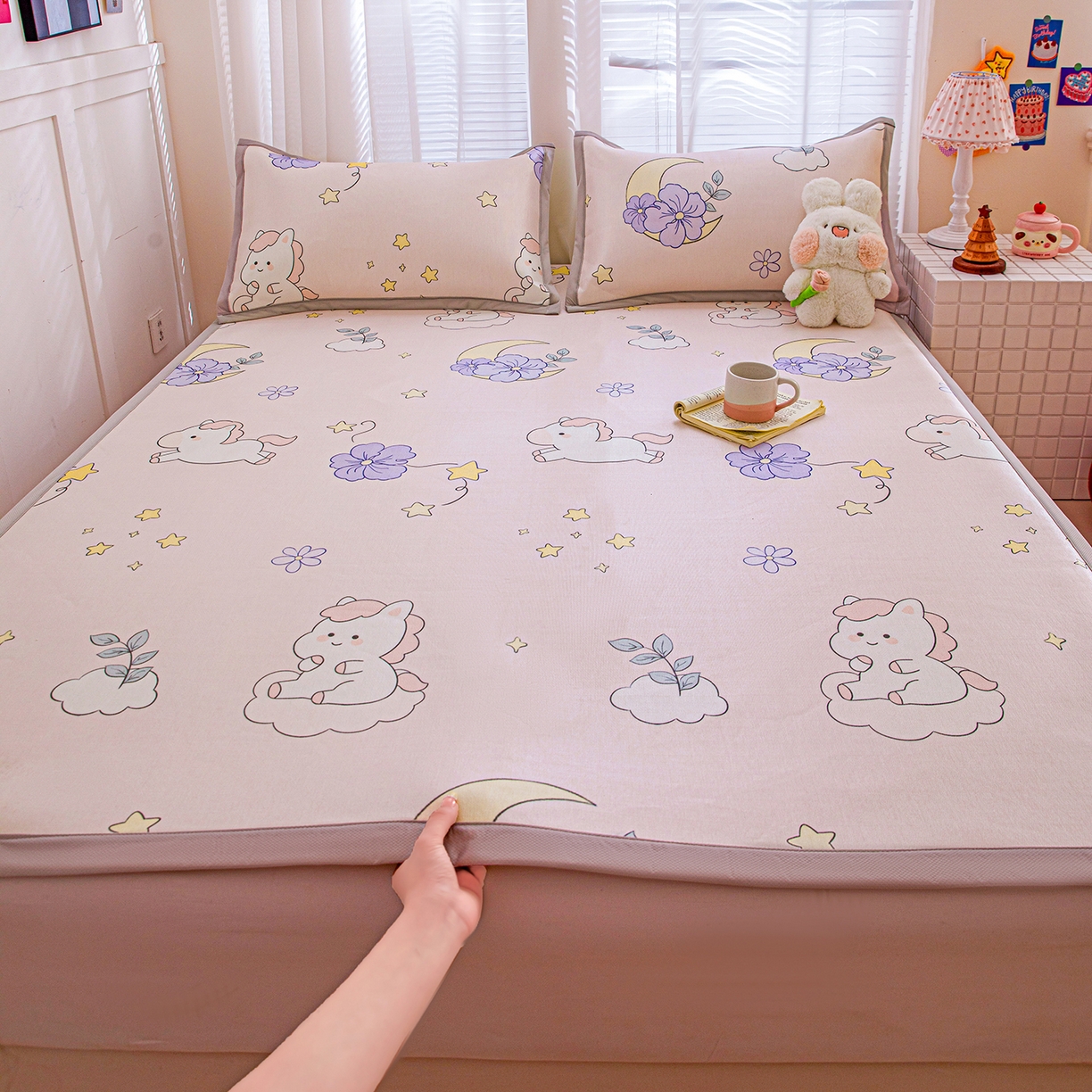 富馨莱 2026新款冰丝凉席平铺款支持一件定制定做 星星小马-粉