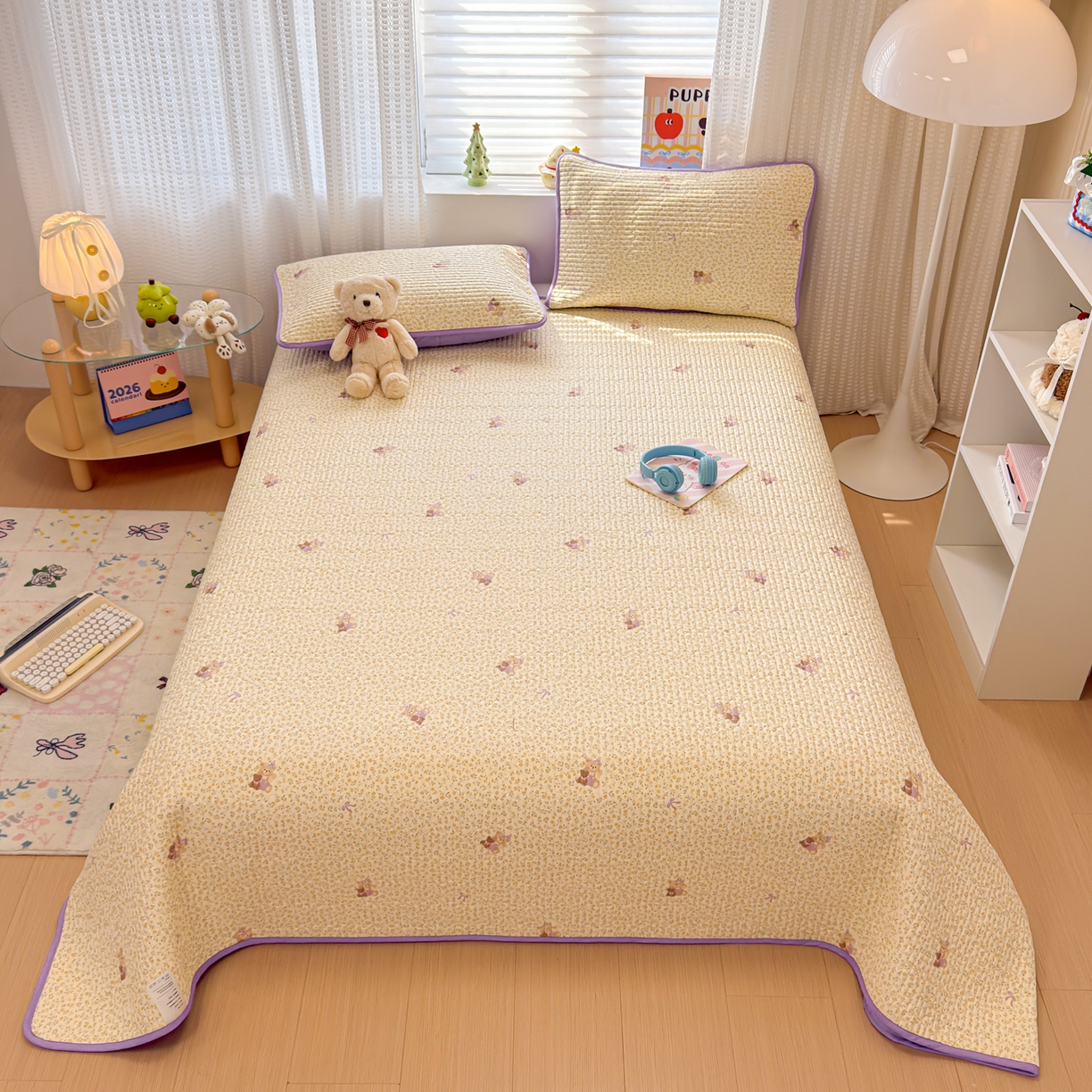 91家纺网 家纺一手货源 找家纺 雅萱家纺 2026新款森系全棉夹棉印花床盖 夏日小黄花