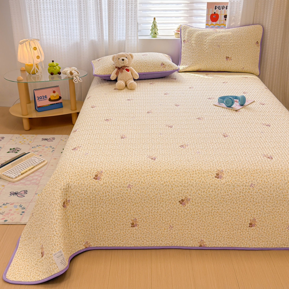 91家纺网 家纺一手货源 找家纺 雅萱家纺 2026新款森系全棉夹棉印花床盖 夏日小黄花