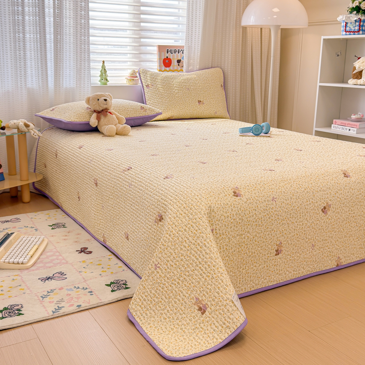 91家纺网 家纺一手货源 找家纺 雅萱家纺 2026新款森系全棉夹棉印花床盖 夏日小黄花