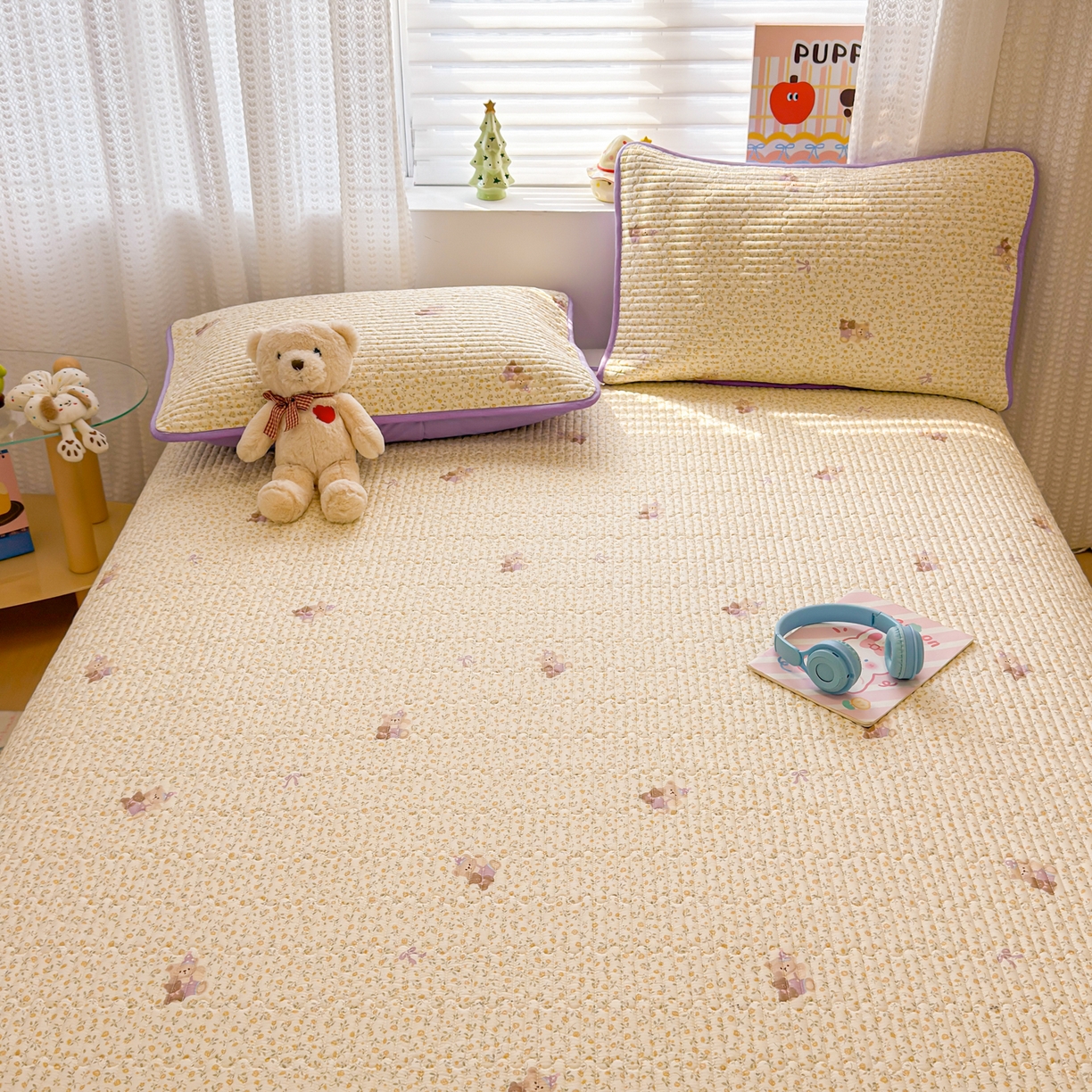 91家纺网 家纺一手货源 找家纺 雅萱家纺 2026新款森系全棉夹棉印花床盖 夏日小黄花