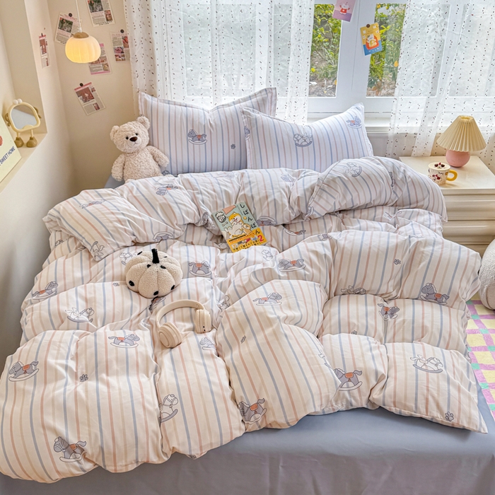 91家纺网 家纺一手货源 找家纺 梦舒阳家纺 新款古法水洗棉仿棉云感泡泡四件套 摇摇马