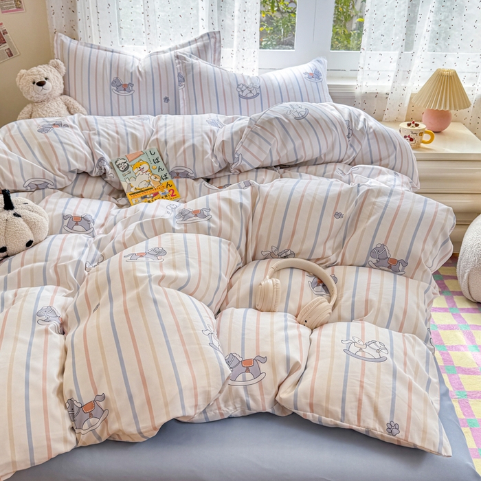 91家纺网 家纺一手货源 找家纺 梦舒阳家纺 新款古法水洗棉仿棉云感泡泡四件套 摇摇马