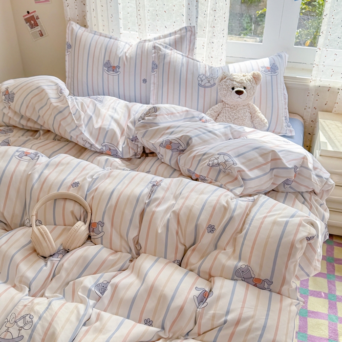 91家纺网 家纺一手货源 找家纺 梦舒阳家纺 新款古法水洗棉仿棉云感泡泡四件套 摇摇马