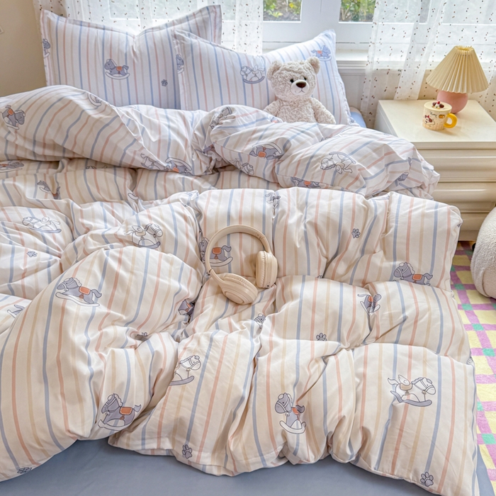 91家纺网 家纺一手货源 找家纺 梦舒阳家纺 新款古法水洗棉仿棉云感泡泡四件套 摇摇马