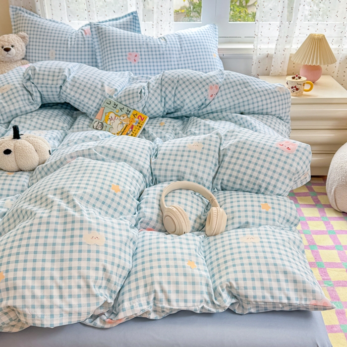 91家纺网 家纺一手货源 找家纺 梦舒阳家纺 新款古法水洗棉仿棉云感泡泡四件套 好运兔