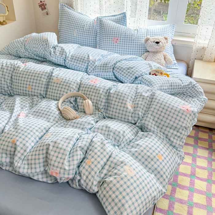 91家纺网 家纺一手货源 找家纺 梦舒阳家纺 新款古法水洗棉仿棉云感泡泡四件套 好运兔