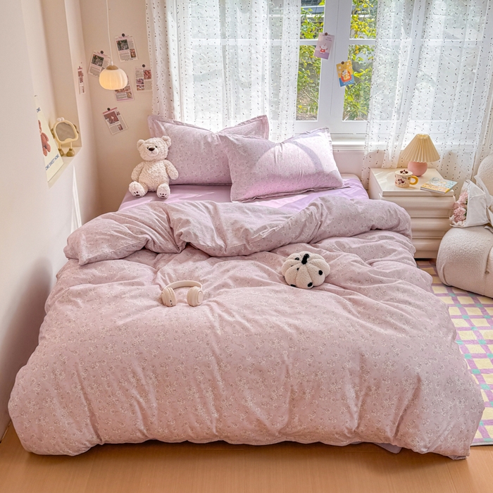 91家纺网 家纺一手货源 找家纺 梦舒阳家纺 新款古法水洗棉仿棉云感泡泡四件套 柔粉花影