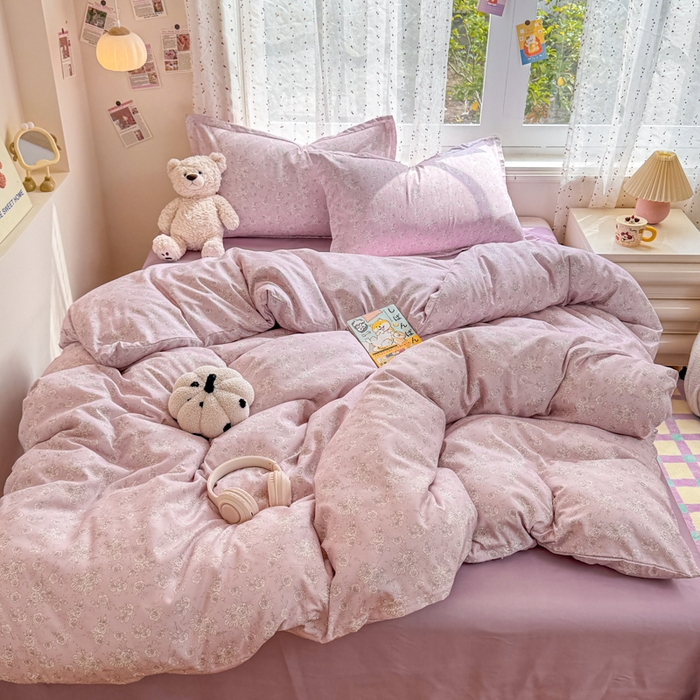 91家纺网 家纺一手货源 找家纺 梦舒阳家纺 新款古法水洗棉仿棉云感泡泡四件套 柔粉花影